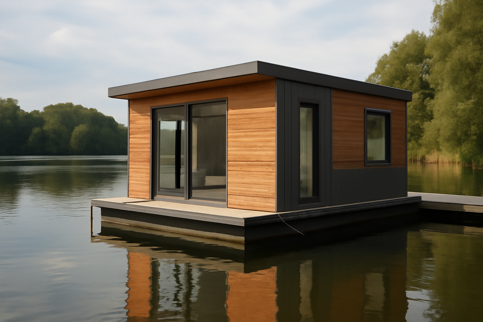 A compact floating home moored near a dock, exterior view showing siding and large windows